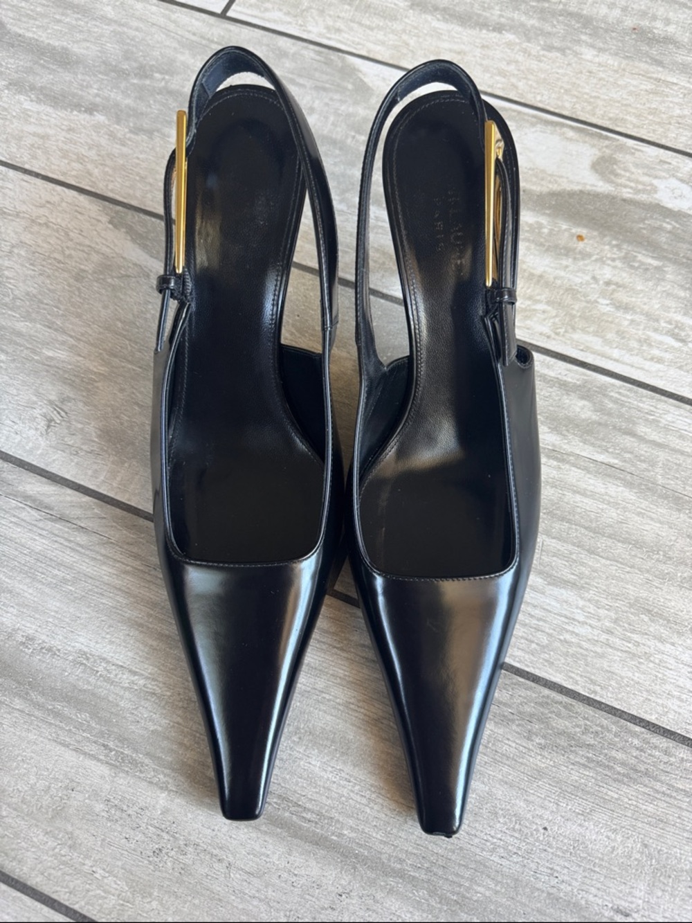 Saint Laurent Lee Black Pointed Slingback Heels with Gold Accent